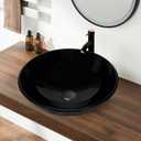 YIMAI Black Glass Vessel Sink 16.5" x 16.5" x 5.5"  Tempered Glass Above Counter Round Bathroom Sink Bowl Countertop Modern Sinks with Faucet and Drain Combo, Easy Install for Master or Powder Room