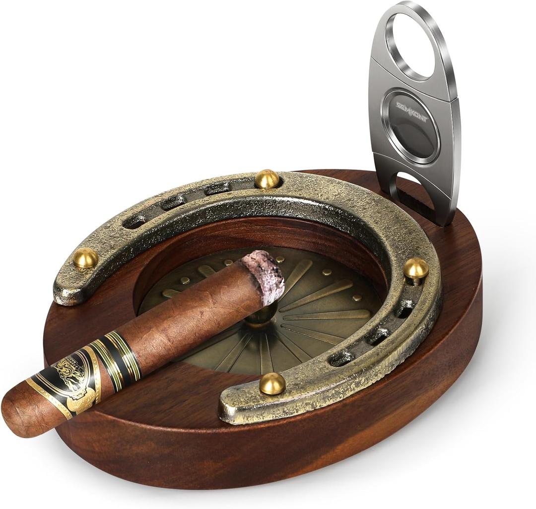 Cigar Ashtray, Horseshoe Wooden Portable Ashtray with Cutter, Zinc Alloy Anti-scald Gasket, Cigar Slot and Holder for home, office, bar and outdoor (Brown-Portable Ashtray)