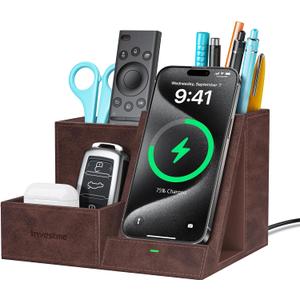 Wireless Charger with Desk Organizer, Pen Pencil Holder, Multifunctional Desktop Organizer, Office Supplies and Desk Accessories Organizer with 3 Compartments and 1 Phone Stand, Dark Brown