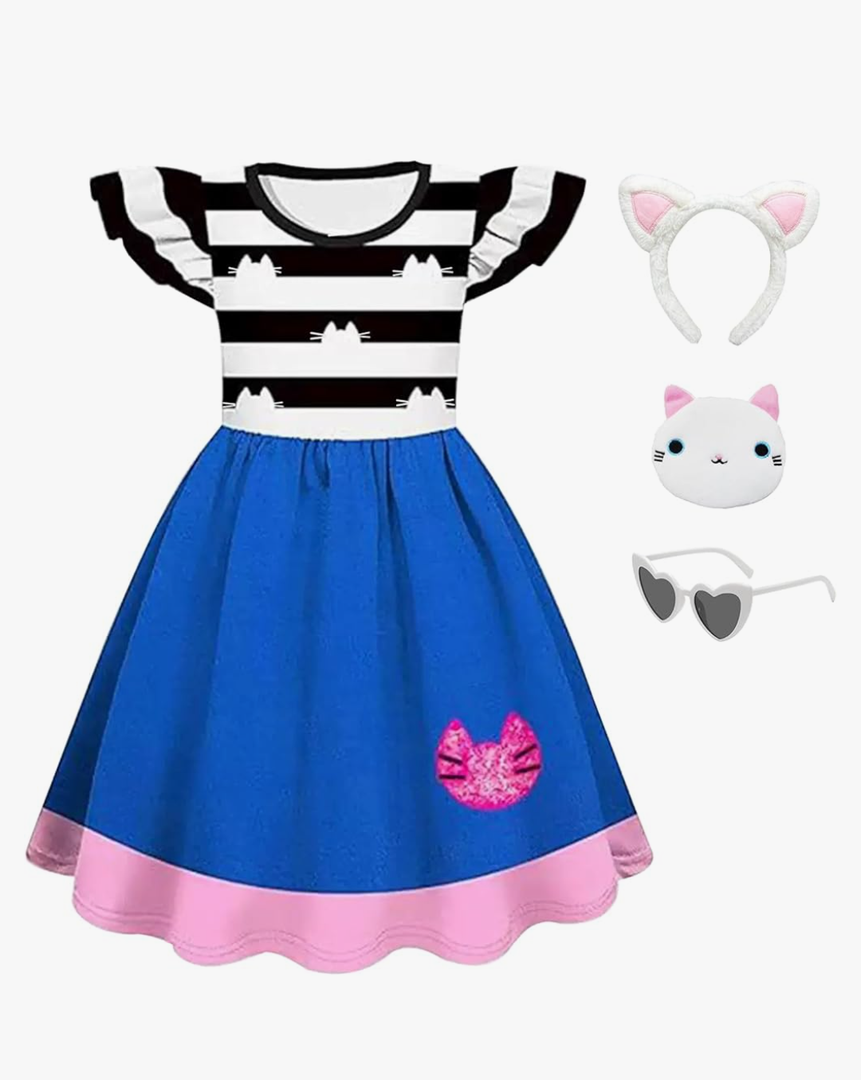 Girls' Dream Toy House Ruffled Sleeve Dress Set With Cat Headband Glasses For Christmas Halloween Outfits 3-8yrs old