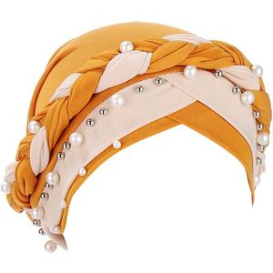 Fxhixiy Women Hijab Beading Pearl Braid Turban Hat Head Scarf Cancer Chemo Beanies Bandana Headwrap Cap (Yellow Beige)