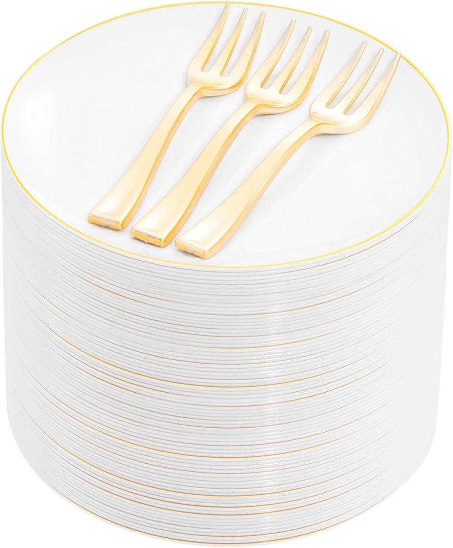 Festiva 200Pcs Gold Dessert Plates 6.3" with Forks 5"- Small Disposable Dessert/Appetize/Cake Plates Plates- serve 100 guests include 100Plates 100Forks for Wedding &Birthday Party & Outdoor