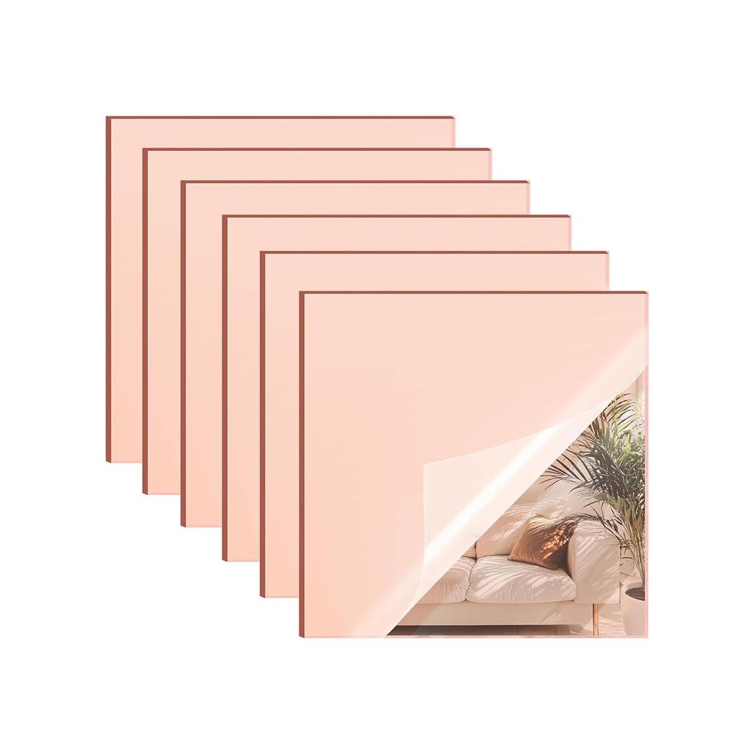 Rose Gold Mirror Acrylic Sheet - 8x8 inches, 6 Pieces | 1/8" Thick High-Gloss Plexiglass Panels for Decoration