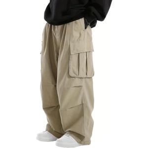 Men's Baggy Cargo Pants Elastic Drawstring Parachute Cargo Pants Casual Loose Fit Joggers Hiking Pants with Pockets, XL