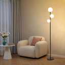 Fiqevs 3 Globe Mid Century Modern Floor Lamp, 3 x 800LM LED Bulbs Included, Matt Black Standing Lamp with Sphere Frosted Glass Shade, Vintage Retro Tall Pole Lamp for Living Room, Bedroom Office