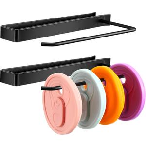 2 Pack Tumbler Lid Organizer Inside Cabinet Horizontal Hanging Cup Lid Storage Holder Hook up to 8 Cup Cover Under Cabinet (No Screws, No Adhesive) Space Saving Kitchen Storage(Black)
