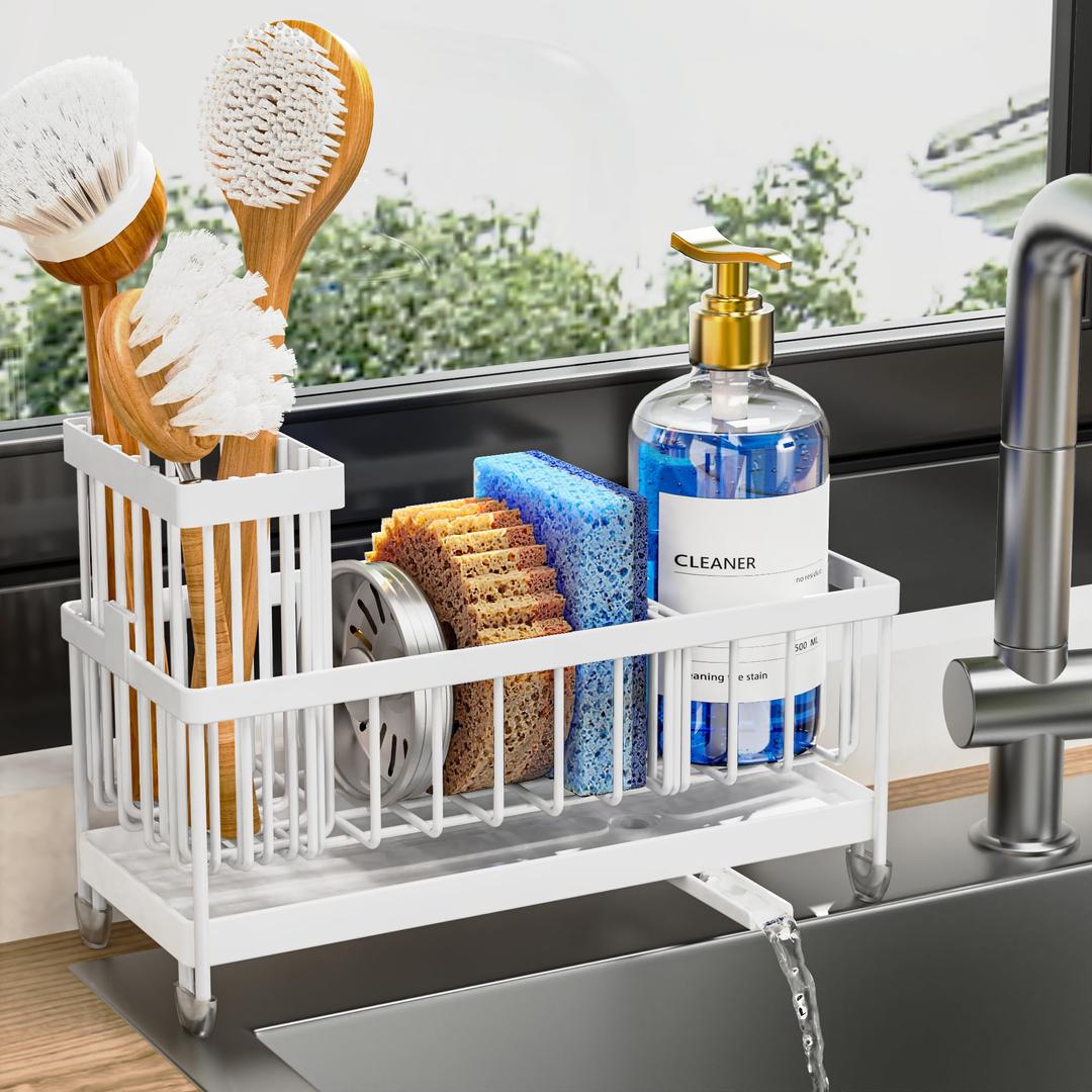 Cisily Sponge Holder for Kitchen Sink, Sink Caddy Organizer with High Brush Holder, Kitchen Countertop Organizers and Storage Essentials, Rustproof 304 Stainless Steel (Cool White, Large)