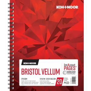 Koh-I-Noor 9" x 12" Bristol Vellum Bright White Paper Pad with In and Out Pages, 270 GSM, Side Wire-Bound, 20 Sheets per Pad (26170401013)