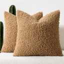 Woaboy Faux Fur Throw Pillow Covers 20x20 Inch Set of 2 Boucle Neutral Decorative Sherpa Fuzzy Accent Soft Sheepskin Fleece Cushions Modern Home Decor for Couch Sofa Bedroom Living Room, Light Brown