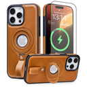 for iPhone 16 Pro Leather Case with Stand, Anti-Slip Grip Ring, Fits for MagSafe (Brown, IP 16 Pro-6.3inch)