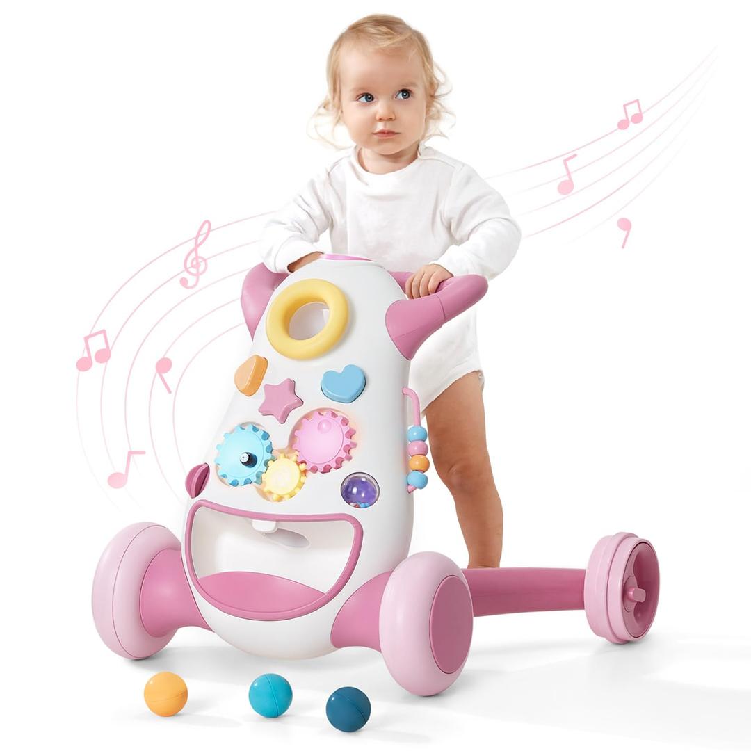 KB Montessori Baby Walker - Interactive Push Toy for Toddlers Learning to Walk with Soft Music & Lights, Adjustable Speed & Non-Slip Wheels, Educational Activity Center (Pink)
