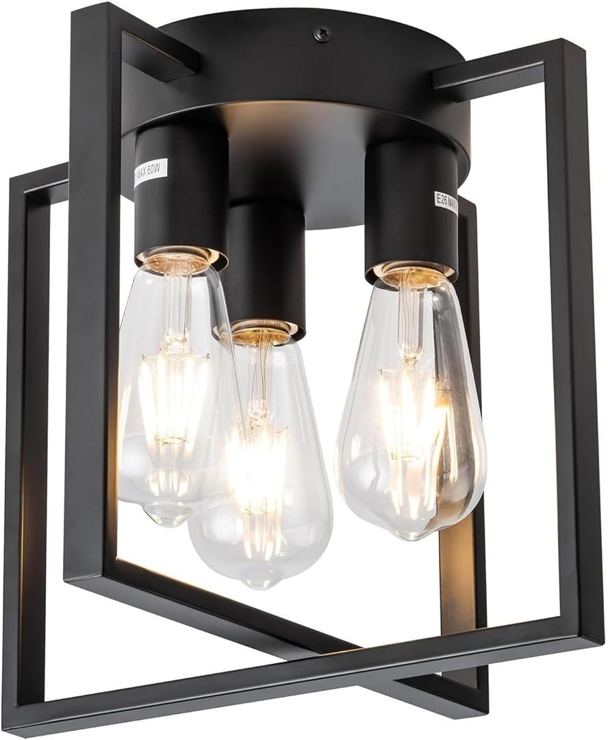 3-Lights Black Ceiling Light, Farmhouse Industrial Matte Kitchen Lighting Fixtures Ceiling for Hallway, Bedroom, Bathroom, Entryway(No E26 Bulbs)