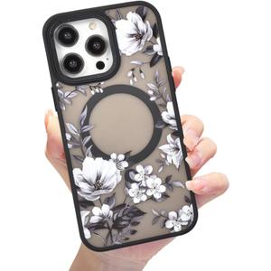 Compatible with iPhone 13 Pro Max Magnetic Matte Translucent Case,Luxury Shockproof Magnetic,Cute Flower Pattern Hard Back Cover iPhone 13 Pro Max Case for Women Girls-Black Floral