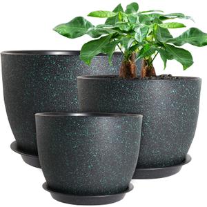12/10/9 Large Modern Plant Pots, Plastic Planters with Drainage Holes and Saucers for Indoor Outdoor Plants Flowers, Black with Green Speckles