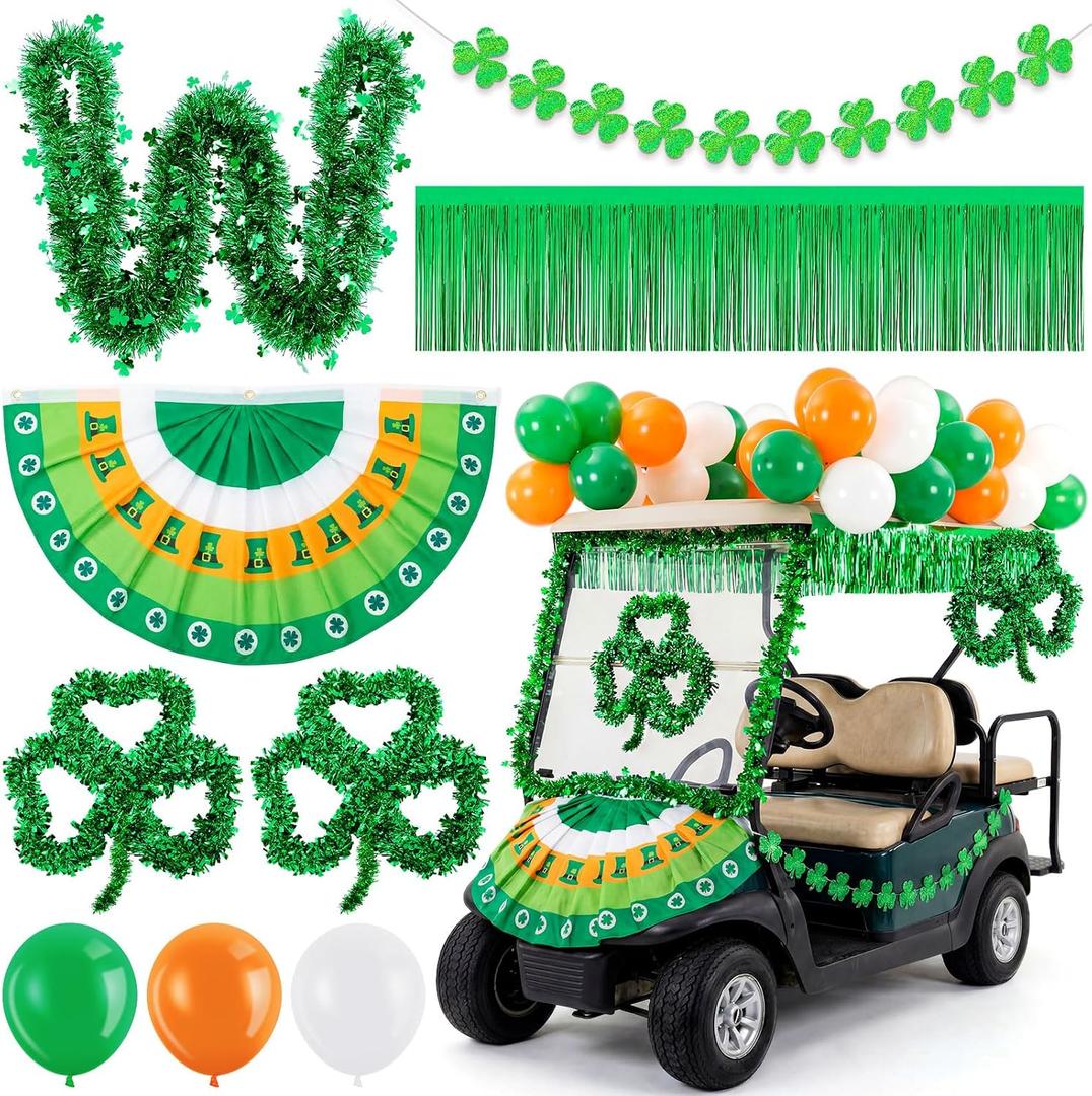 St Patrick's Day Golf Cart Parade Decoration Kit, 39 Pcs Shamrock Golf Cart Set with Clover Banner, Wreath, Bunting Flag, Foil Tinsel Fringe, Balloons for Irish Parade Float Decor
