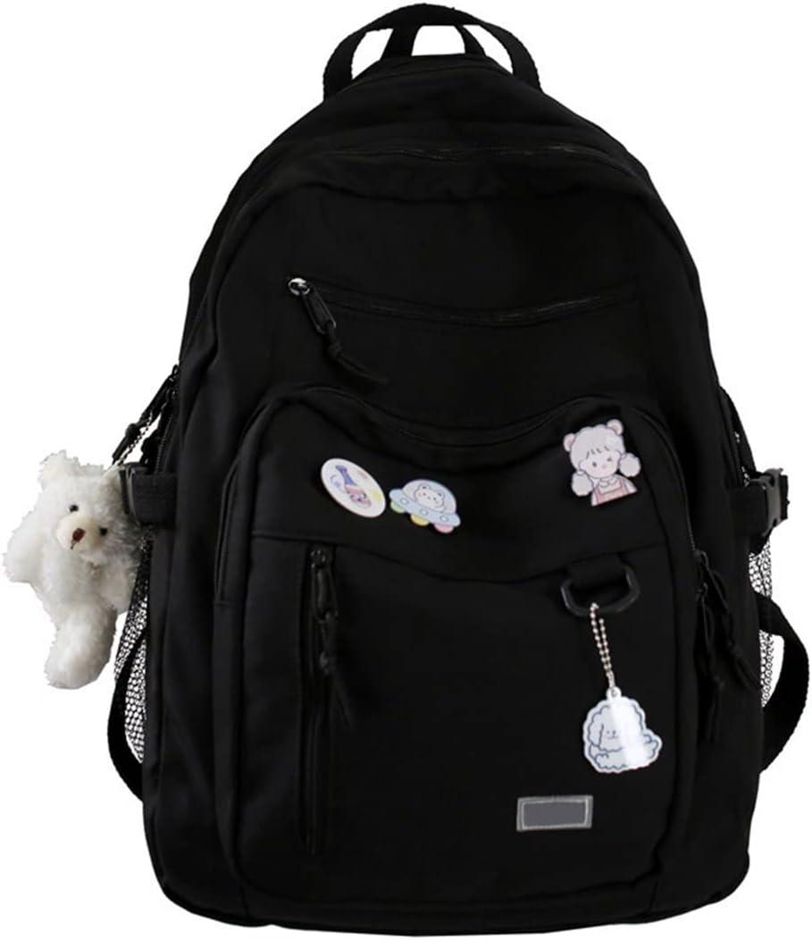 GAXOS Cute Aesthetic Backpack for School Middle Student Travel Pink Backpack Teens Girls Bear Pin Book Bags (Black2)