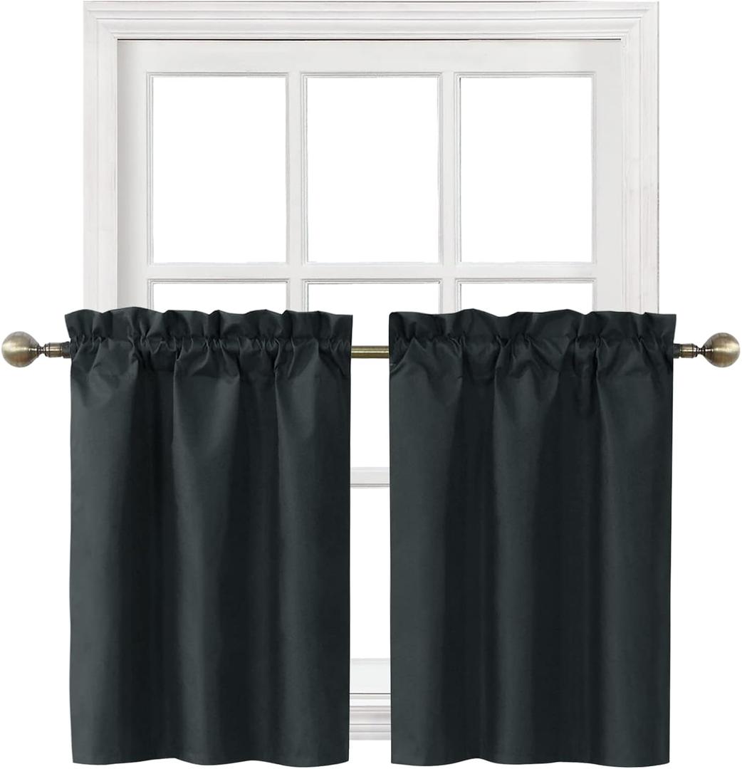 Home Queen Blackout Rod Pocket Tier Curtains for Small Window, Short Room Darkening Basement Curtains, Cafe Drapes, 2 Panels, 26 W x 30 L Inch Each, Black
