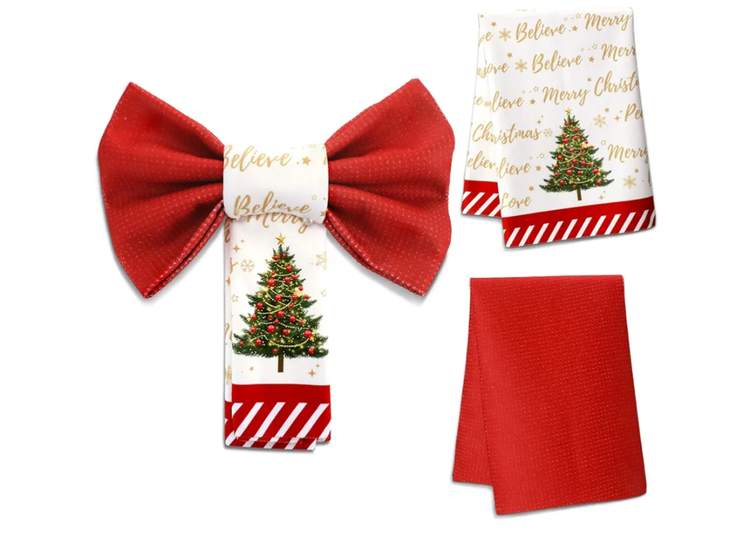 Christmas Kitchen Towels Set of 2 Red Bows Decor Funny Xmas Decorative Dish Hand Towels 24x16 Inch Red Waffle Dishtowel Peace Love Believe for Christmas Bathroom and Kitchen Decor