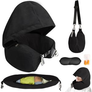 DreamShore Stuffable Neck Pillow for Travel with Hood - Adjustable Velvet Travel Pillow with Earplugs & Eye Mask, Ultimate Carry-On Travel Neck Pillow for Airplane, Travel Pillow for Extra Luggage