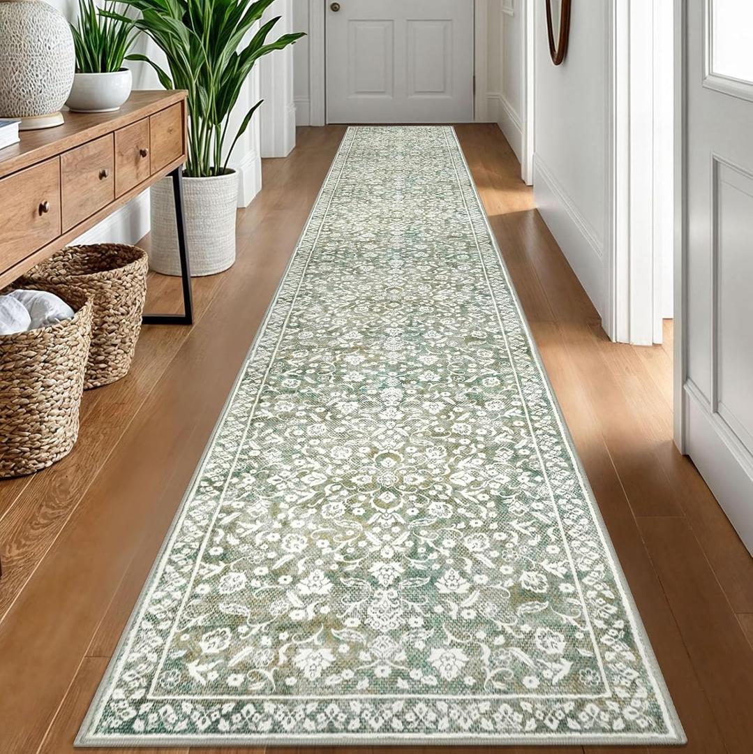 Vintage Runner Rugs for Hallway 2x12, Sage Green Beige Washable Extra Long Hallway Runner Rug Non Slip, Super Soft Kitchen Runner Rug, Print Faux Wool Floral Thin Carpet Hall Runner