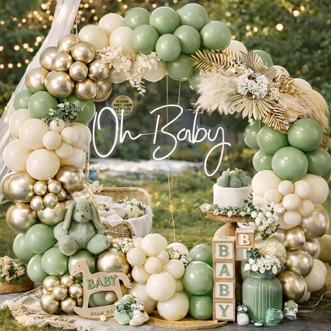 Sage Green Balloon Arch Kit-155pcs Sage Green Sand White Chrome Gold Balloon Garland for Baby Shower Decorations Balloons Decorations and Bridal Shower Birthday Engagement Party Supplies