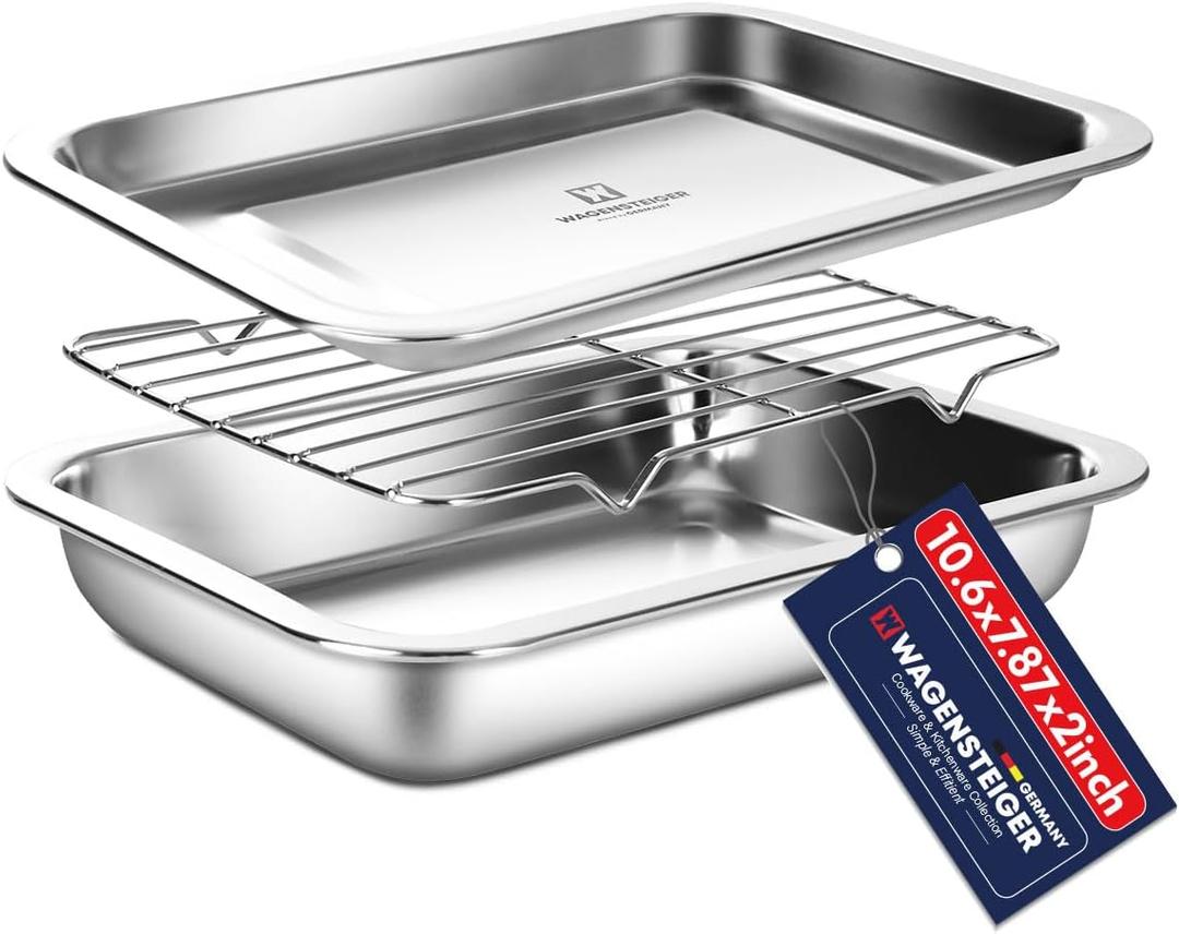 Stainless Steel Food Prep Container with Rack & Lid (Tray) 1.8 Quart / 2inch Depth, Catering Pans, Restaurant Pan, Buffet Party Pan, For Oven Roasting, Casserole (1301/No1)