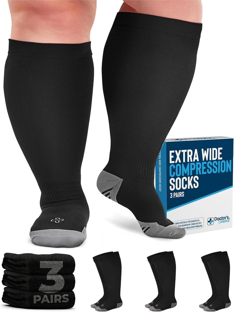 Doctor's Select 3 Pairs Plus Size Compression Socks Wide Calf - 3XL| 20-30 mmHg Extra Wide Calf Compression Socks Women | Black