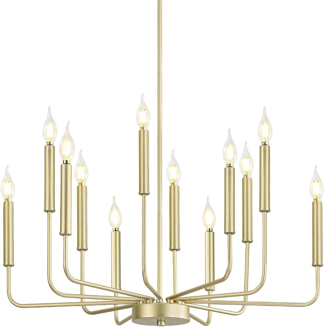 Qamra Modern Farmhouse Gold Chandelier for Dining Room, 12-Light Rustic Candle Chandelier Light Fixture, Industrial Hanging Chandeliers Lighting for Living Room, Kitchen, Staircase, Entryway, Foyer