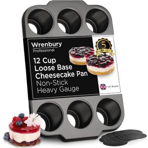 Wrenbury Pro Mini Cheesecake Pans Removable Bottom 12 Hole - Heavy Gauge Carbon Steel Non Stick Pan Loose Bottom Springform - 3 Inch Small Individual Cheesecakes Tin - PFOA Free