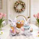 Hodao Easter Bunny Figurines Set, Spring Rabbit Decor with Easter Eggs Basket, Floral Wreath Bunny Statues, Tabletop Home Decoration for Living Room, Entryway