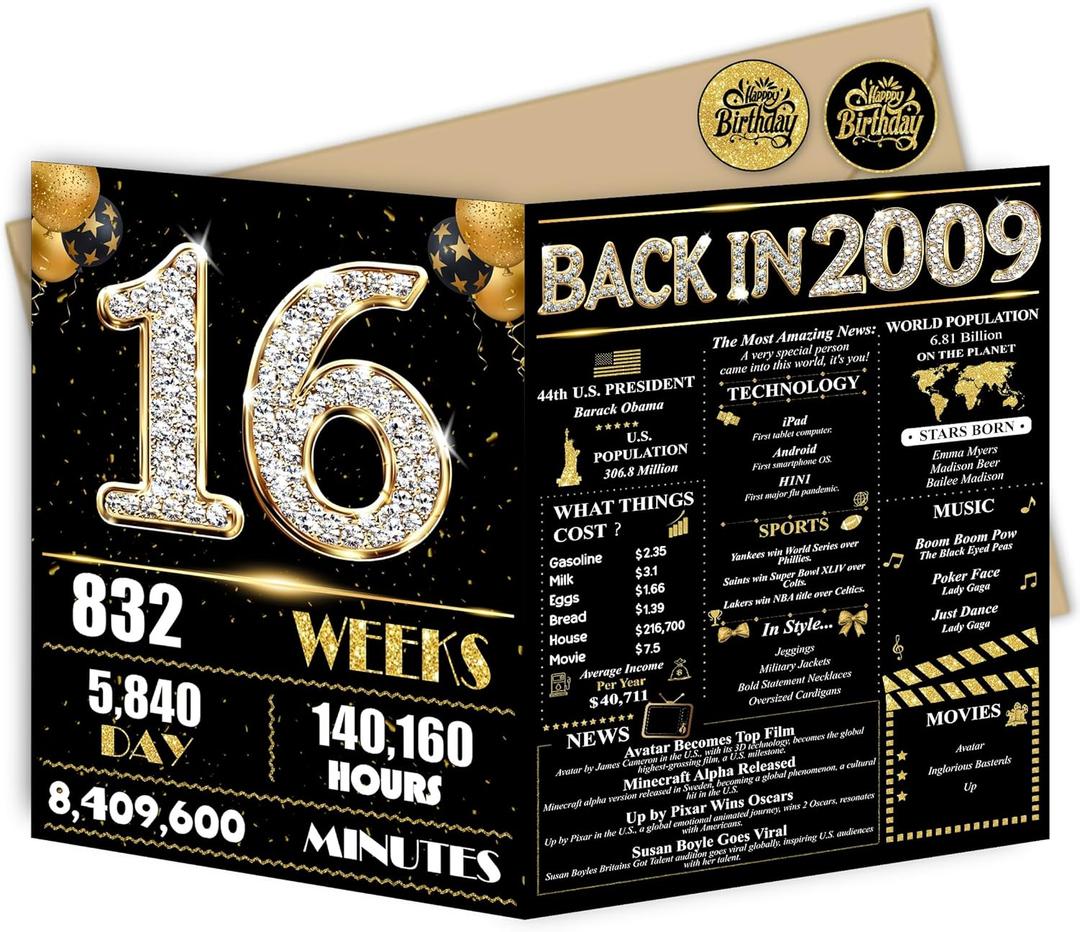 2 x Jumbo 16th Birthday Card for Women Men, Happy 16th Birthday Party Decorations for Her Him, Black Gold 16 Year Old Birthday Gifts for Son Daughter, Double-Sided with Two Stickers