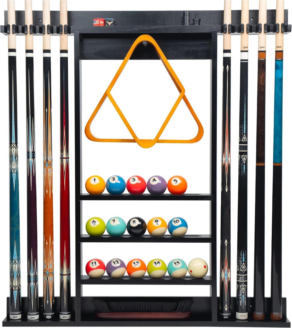 Wall Mount Pool Stick Holder, Solid Wood Billiard Pool Cue Rack
8 Cues Pool Cue Rack with Storage for Pool Table Accessories (Black)