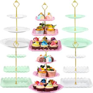 6 Sets Tea Party Decorations of 3 Tier Plastic Cupcake Stand Dessert Plates Cake Fruit Candy Display Tower for Wedding Birthday Baby Shower Tea Party Decorations(Round and Square)
