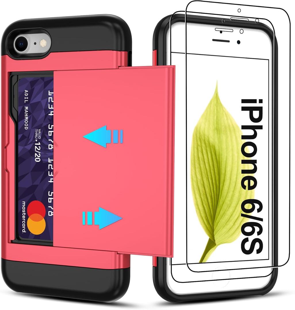 for iPhone 6/6S Case with Card Holder2 Pcs HD Screen Protector Slim Heavy Duty Dual Layer Shockproof DesignHidden Card Slot Wallet Case for iPhone 6/6S Phone Case -Red