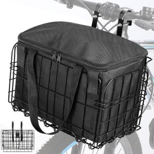 Bike Basket, Folding Bike Basket with Removable Liner Bag, Metal Ebike Basket Quick Release Design, Bike Basket for Adult Women/Men Carrying Dogs, Pets, Fruit & Grocery