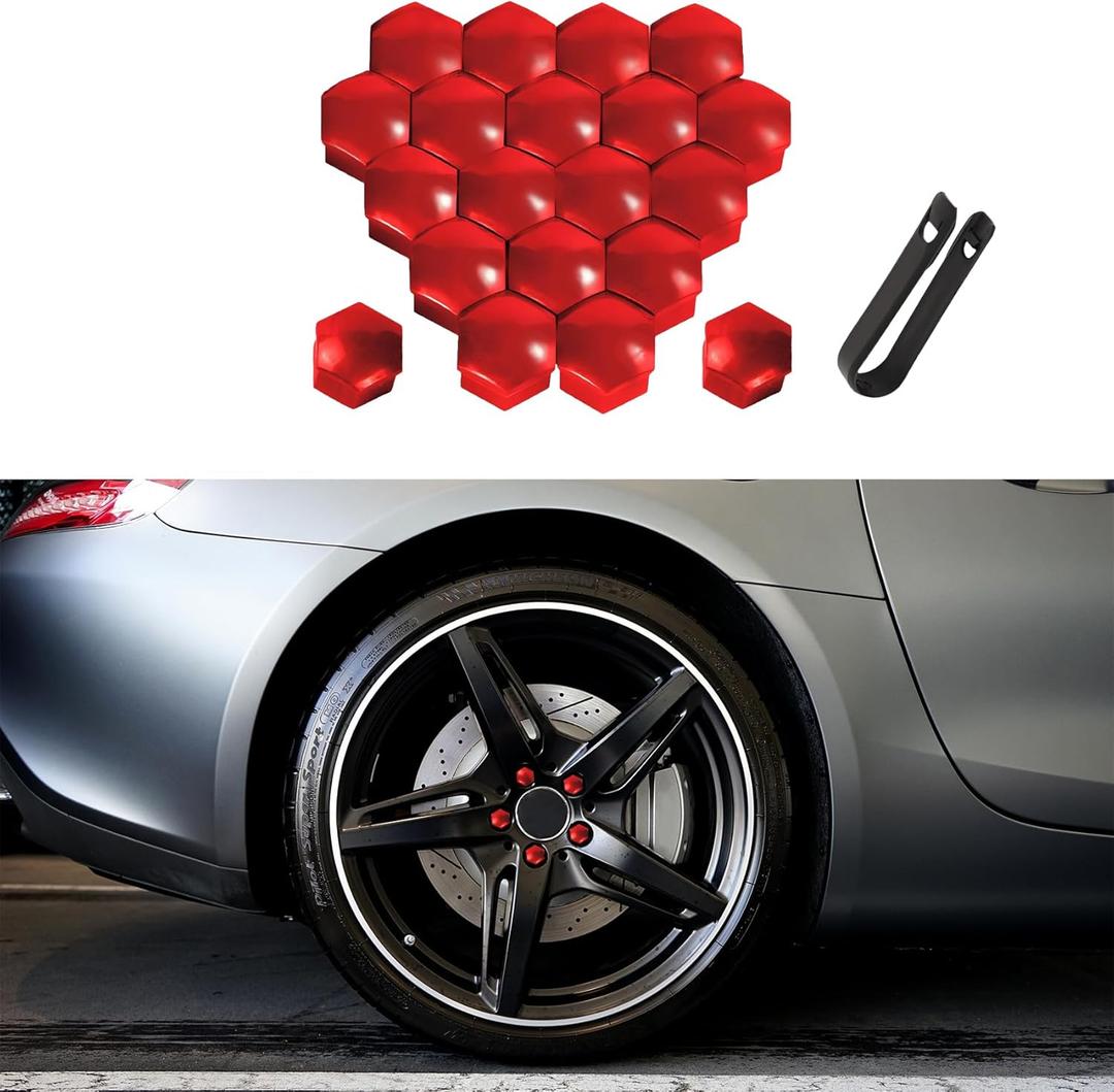 20PCS Lug Nut Covers, 17mm Hexagonal Nut Covers with Removal Tool, Wheel Center Bolt Caps, Car Wheel Nut Caps Automotive Exterior Accessories Universal for Most Car Lug Nut Caps (Red)