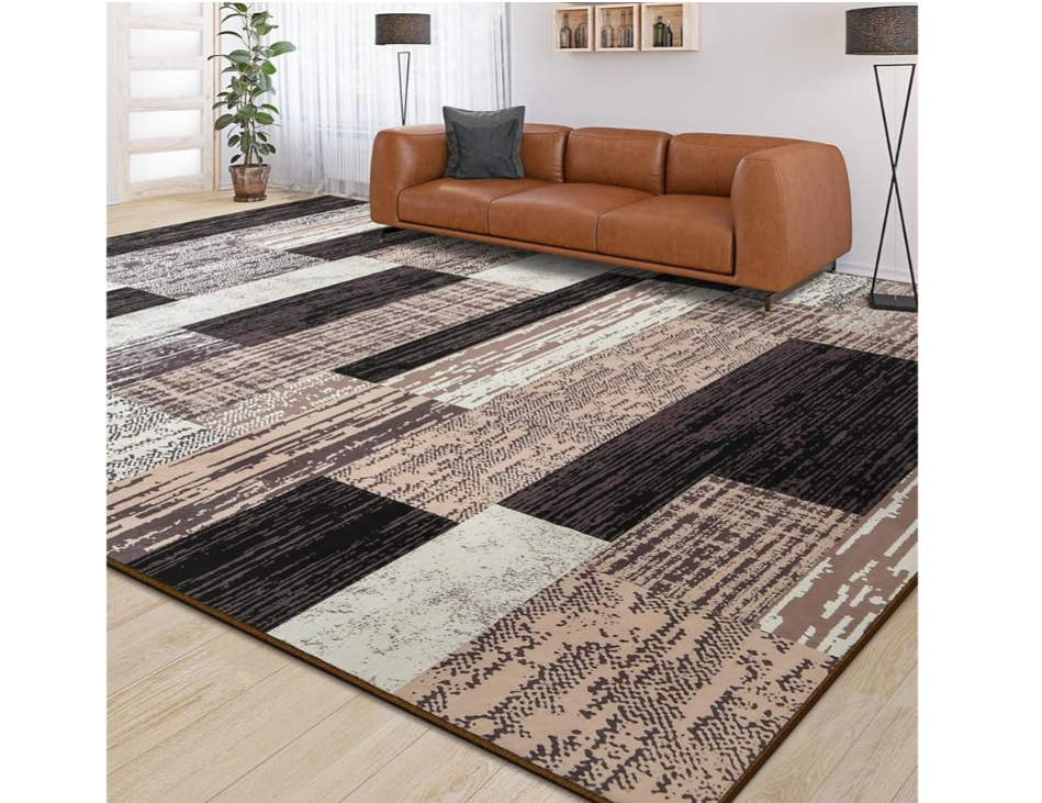 Large Area Rugs,Modern Geometric Patchwork Floor Decor for Bedroom Aesthetic Carpet, Rockwood Collection, Indoor Rugs for Living Room Dining Room Nursery Office Machine Washable Rug, 5x8 Ft Chocolate