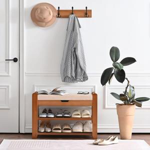 27.6in Shoe Rack with Storage Bamboo Entryway Bench with Drawer & Hooks, 27.6in with coat rack