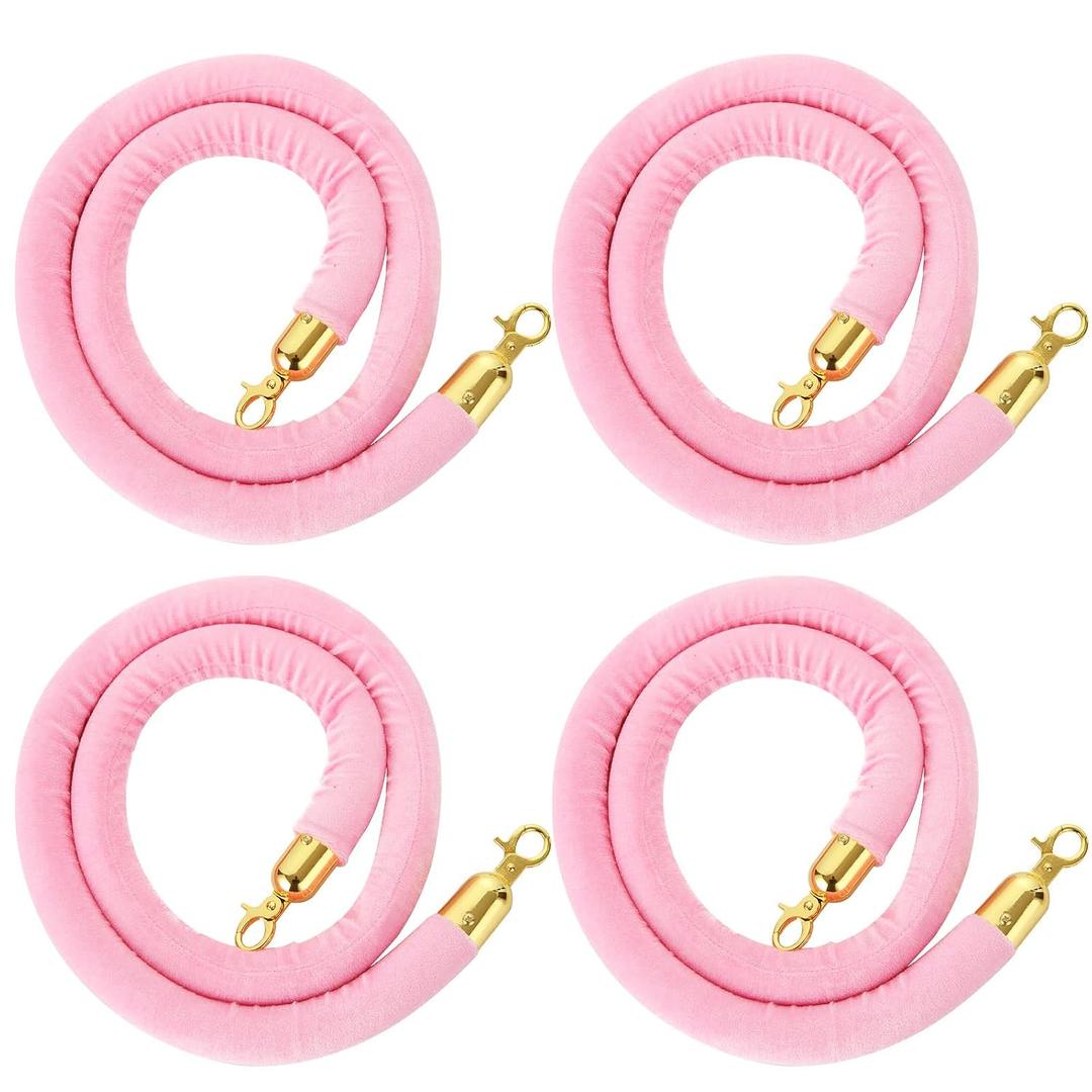 4 Pack 5 Feet Pink Velvet Stanchion Rope, Crowd Control Ropes with Gold Clasps, Foam Core Queue Safety Sarriers Stanchion Post Rope for Party Event and Red Carpet
