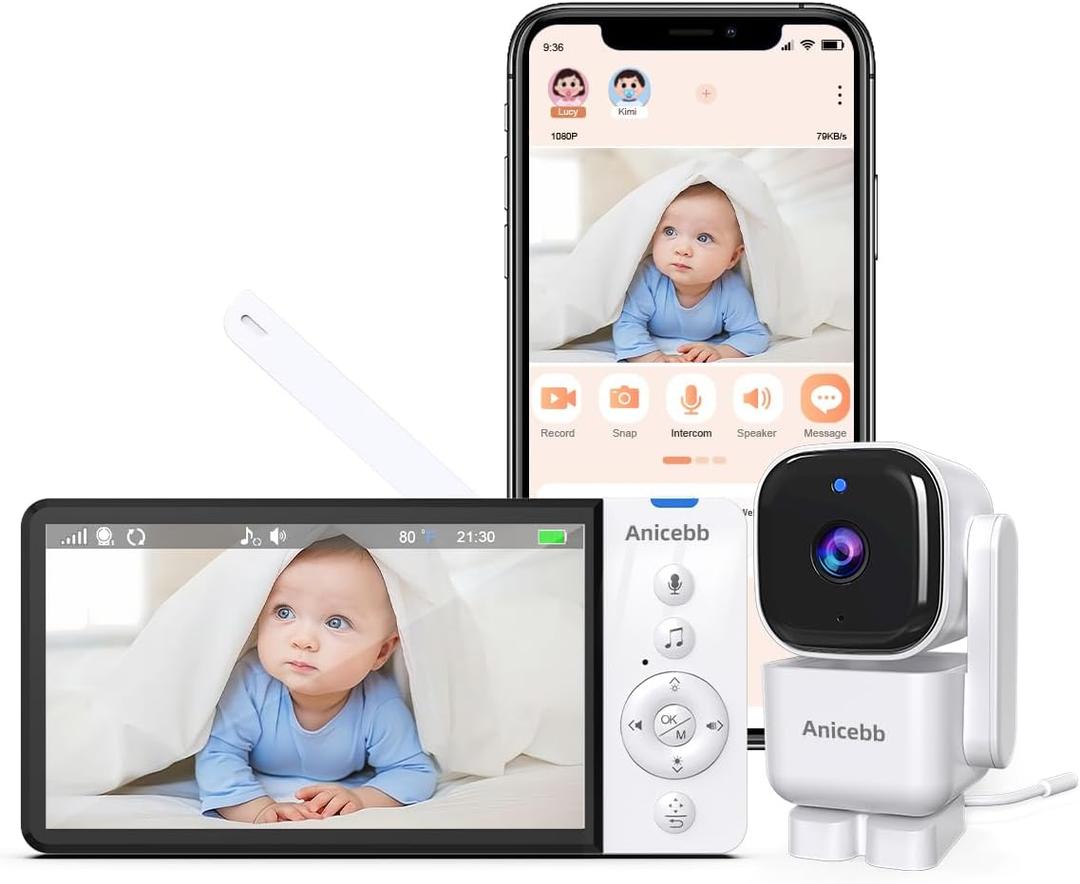 Smart Baby Monitor with App & 5" Screen, Dual Mode (2.4 GHz WiFi Phone Access & Secure No-WiFi), Auto Motion Tracking PTZ Camera, 36H Battery, Night Vision, Cry/Temp Alerts