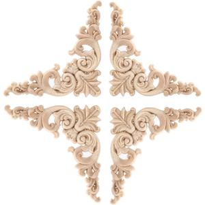 4PCS Corner Wooden Carving Decal Unpainted Wood Appliques Onlays DIY Wood Carved Furniture Appliques Onlays for Wall Bed Door Wardrobe Cabinet Furniture Decoration(02,12x12cm/4.72x4.72inch)
