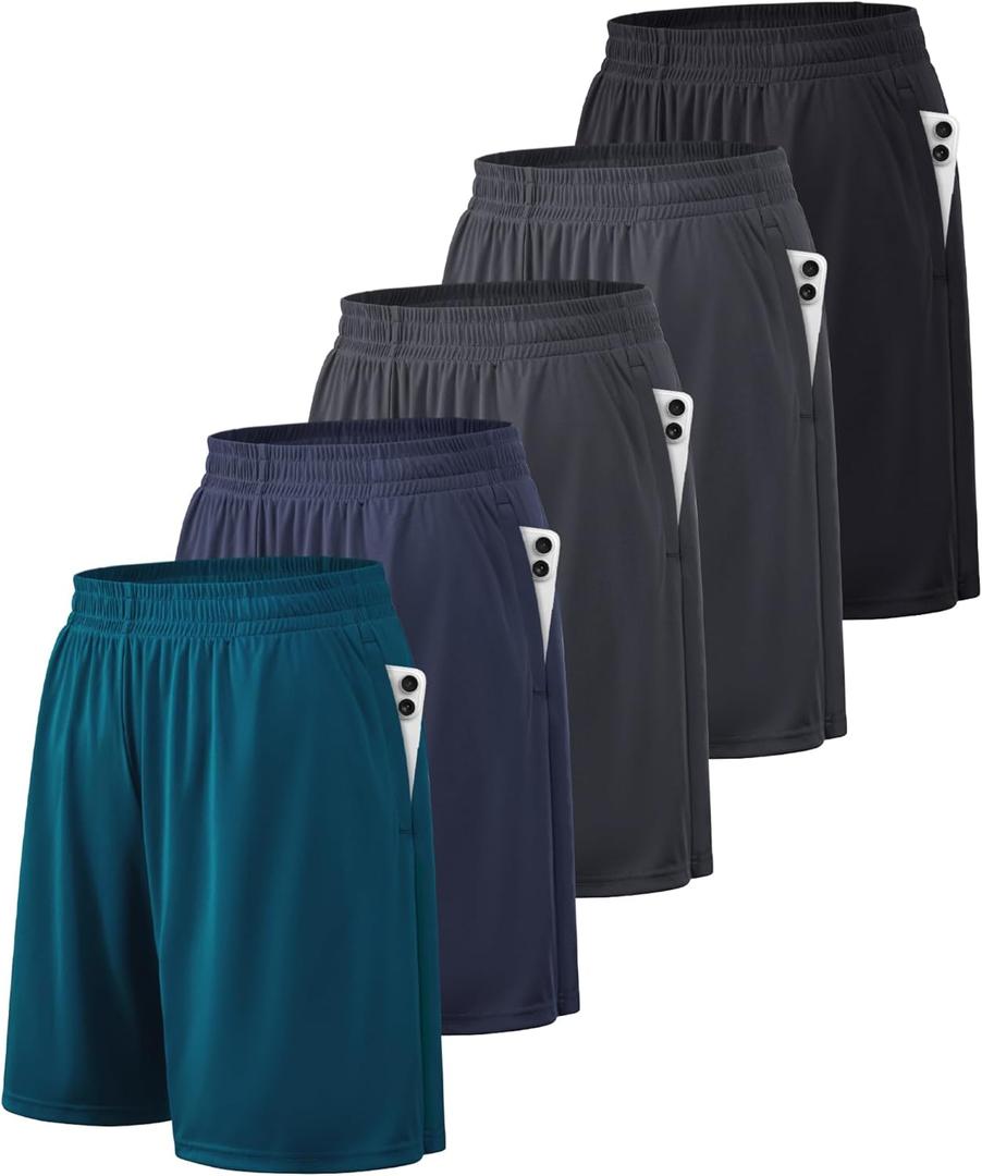 BALENNZ Athletic Shorts for Men with Pockets and Elastic Waistband Quick Dry Activewear (X-Large, 5 Pack Black, Dark Grey, Dark Grey, Navy, Dark Green)