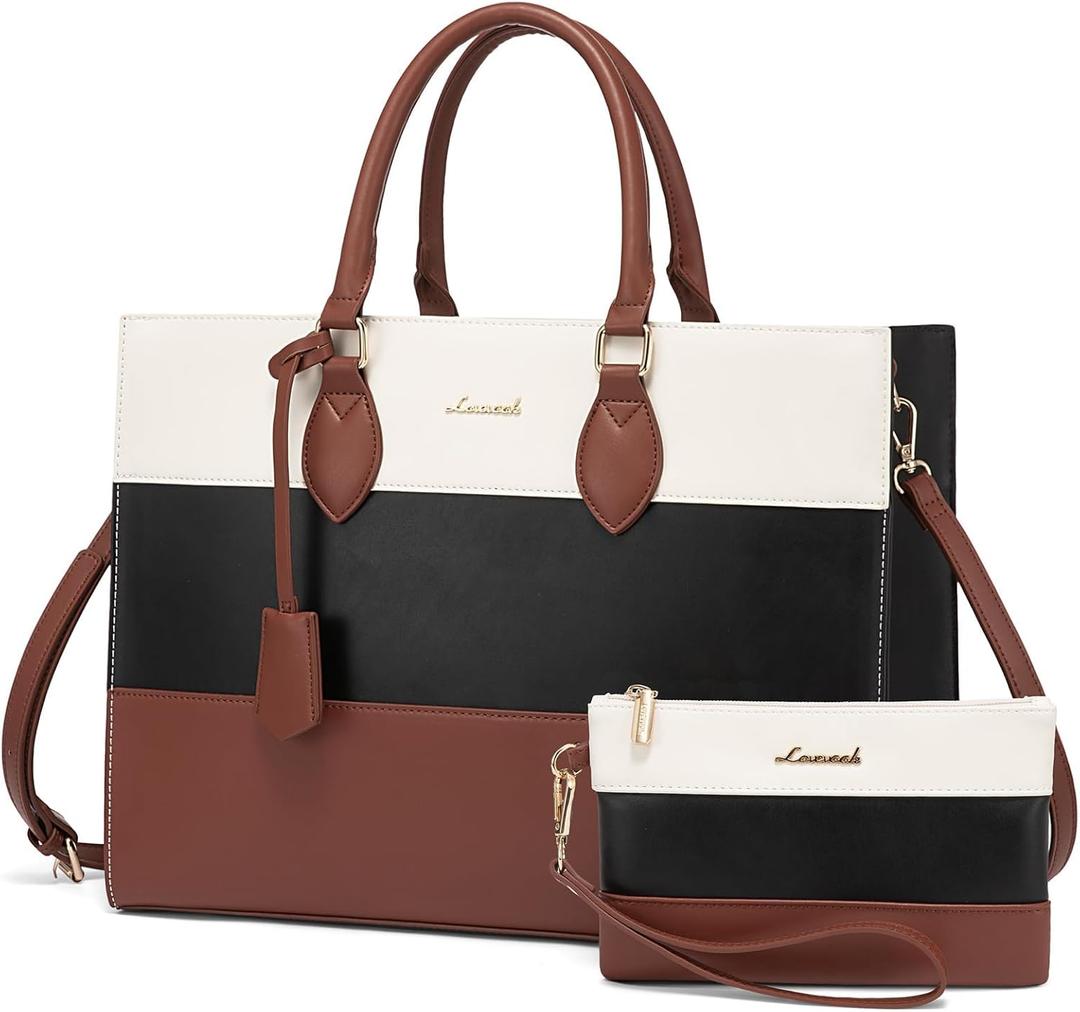 LOVEVOOK Laptop Tote Bag for Women, 15.6 Inch Work Bags, Waterproof Computer Bags with Clutch Purse, Large Capacity Messenger Bag for Teacher College Business Office (Beige-black-brown)