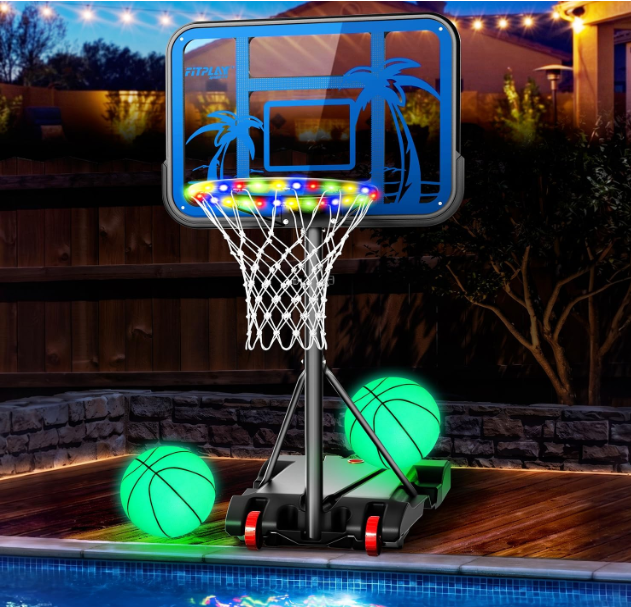 Pool Basketball Hoop with LED Light & Grow Balls,7-Heights Adjustable
Stable Water/Sand Fill Base with Wheel