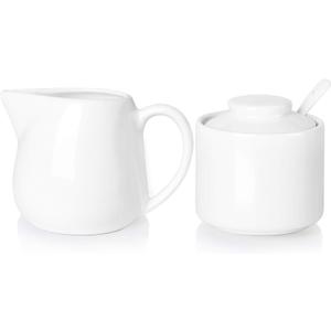 ONTUBE Porcelain Sugar and Creamer Set of 3,Cream Pitcher, Spoon, Sugar Bowl with Lid,Cream (White)
