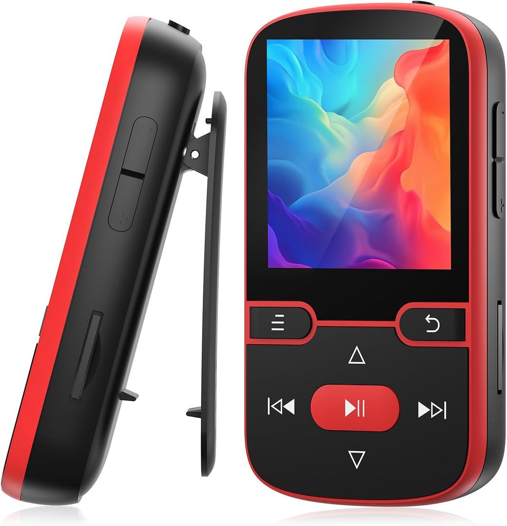 64GB MP3 Player Bluetooth 5.3 with Clip, HiFi Sport Music Player, 1.5 Inch Screen MP3 Player for Kids with Physical Buttons, FM Radio/Pedometer/Voice Recorder, Weighs Only 28g, TF Card Up to 128G(Red)