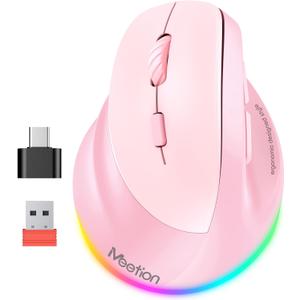 MEETION Left-Handed Mouse, Ergonomic Mouse Wireless Vertical Mouse, RGB Mice for Bluetooth(5.2 + 3.0) & USB-A with Type-c Adapter 4 Adjustable DPI for Mac/Windows/Tablet/iPad/PC Pink