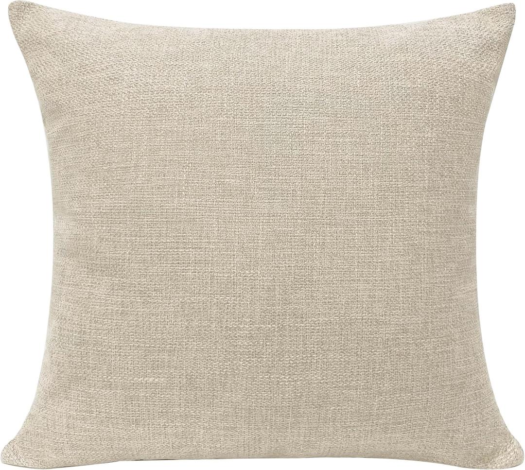Pack of 2, Decorative Linen Soild Throw Pillow Covers Soft Accent Cushion Case Farmhouse Neutral Pillowcase for Couch Sofa Bedroom Living Room Home Decor 18 x 18 Inch Natural Beige