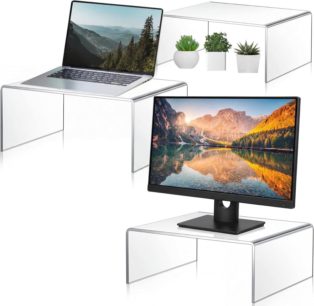 RattanView 3 Pcs Extra Large 16, 15, 14 Inch Acrylic Display Risers Clear Acrylic Shelf Riser Display Stands 8 mm 5 mm Thick Rectangular for Monitors Large Scale Figurines Trophy Commercial Use