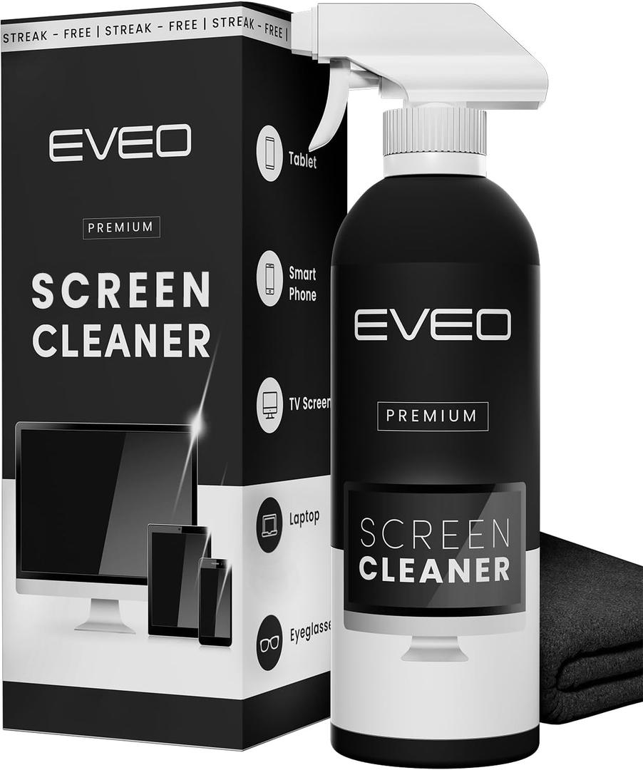 EVEO Screen Cleaner Spray Kit (Streak-Free) TV Screen Cleaner for Smart TV, LCD, LED, OLED | Computer Screen Cleaner Spray and Wipe Microfiber Cloth for TV, Monitor, Laptop, iPad, Car & More - 1 Pack